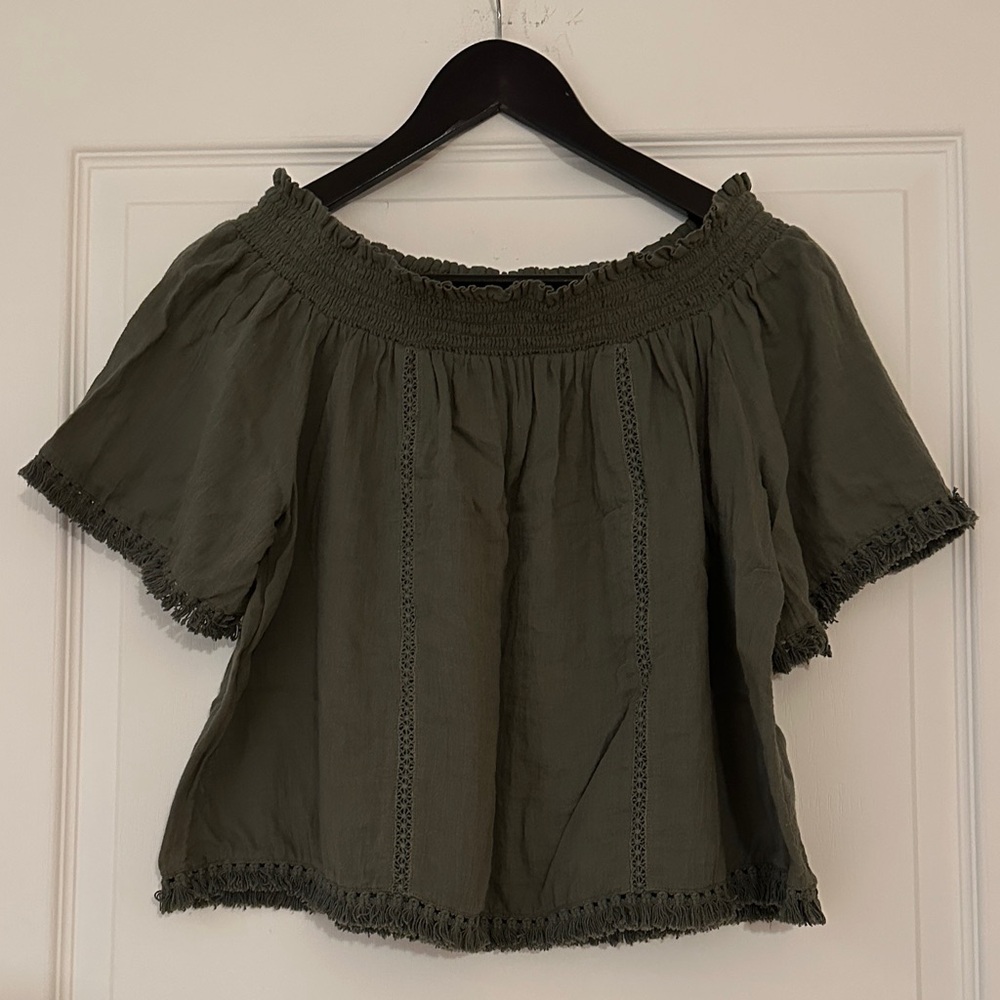Aerie Khaki Off-Shoulder Blouse, size medium